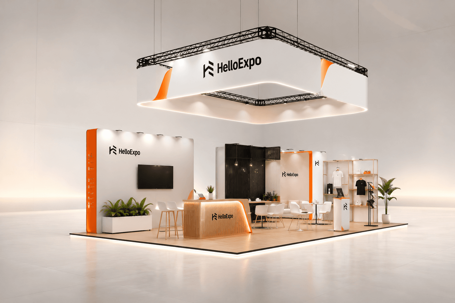 Photorealistic render of a large HelloExpo exhibition stand in a bright white studio: a truss-hung header sign, a curved backlit display wall, a wood-fronted reception counter, seating area, and product shelving, all with orange accent lighting